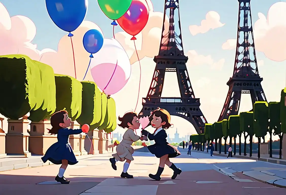 Children playing with balloons, dressed in French fashion, in front of the Eiffel Tower, surrounded by French flags..
