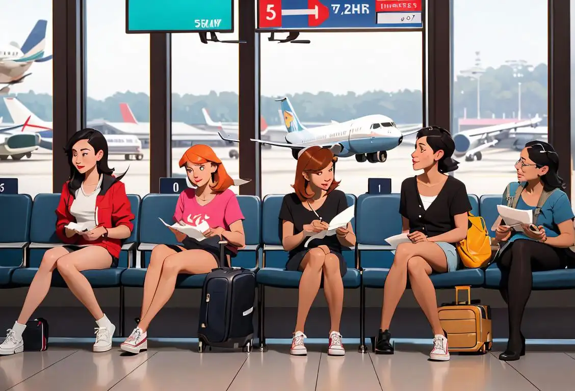 Group of diverse travelers holding plane tickets, wearing casual and comfortable outfits, waiting excitedly at an airport departure gate..