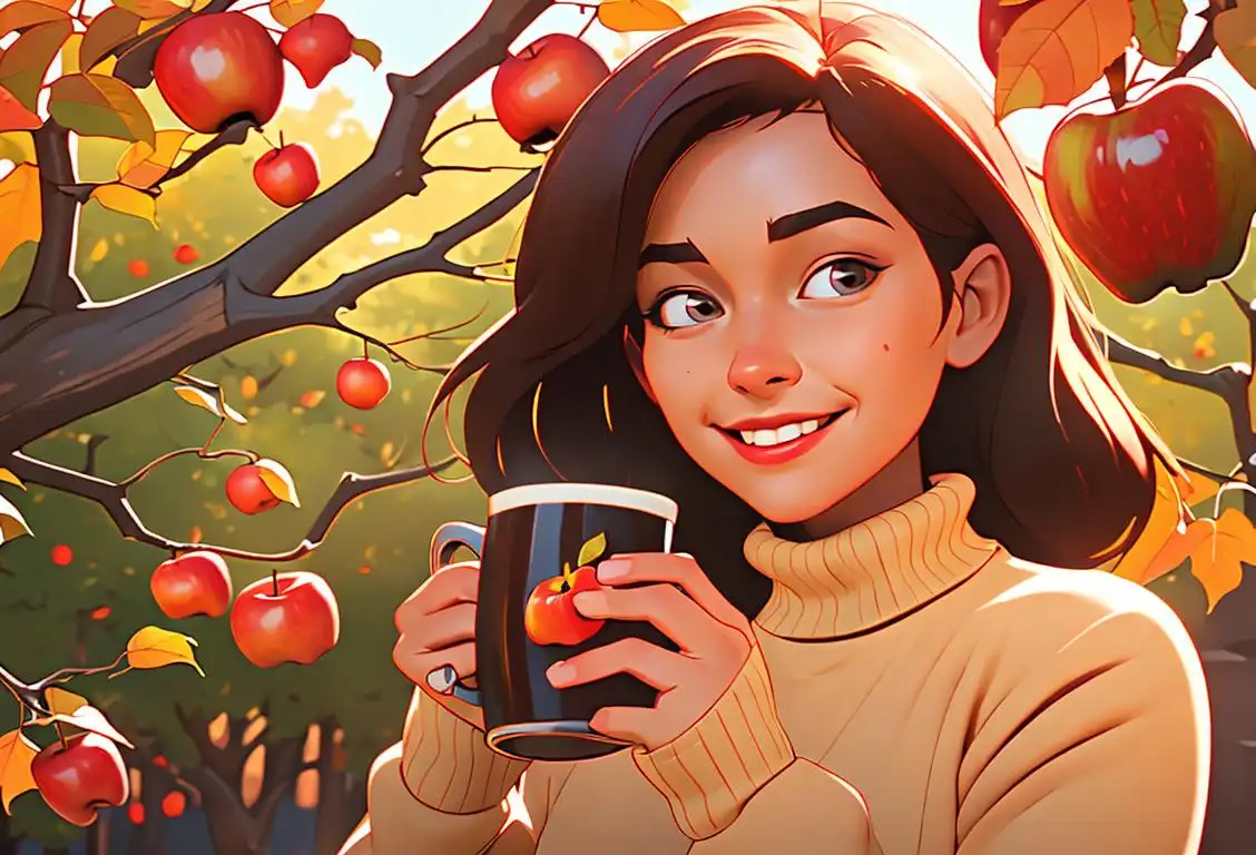 A smiling woman holding a warm mug of apple cider, wearing a cozy sweater, surrounded by autumn leaves..
