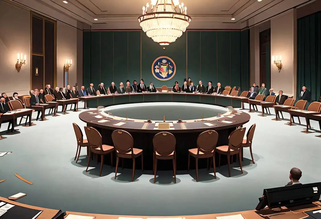 A diverse group of serious-looking individuals wearing formal attire, gathered around a large conference table, discussing national security matters..