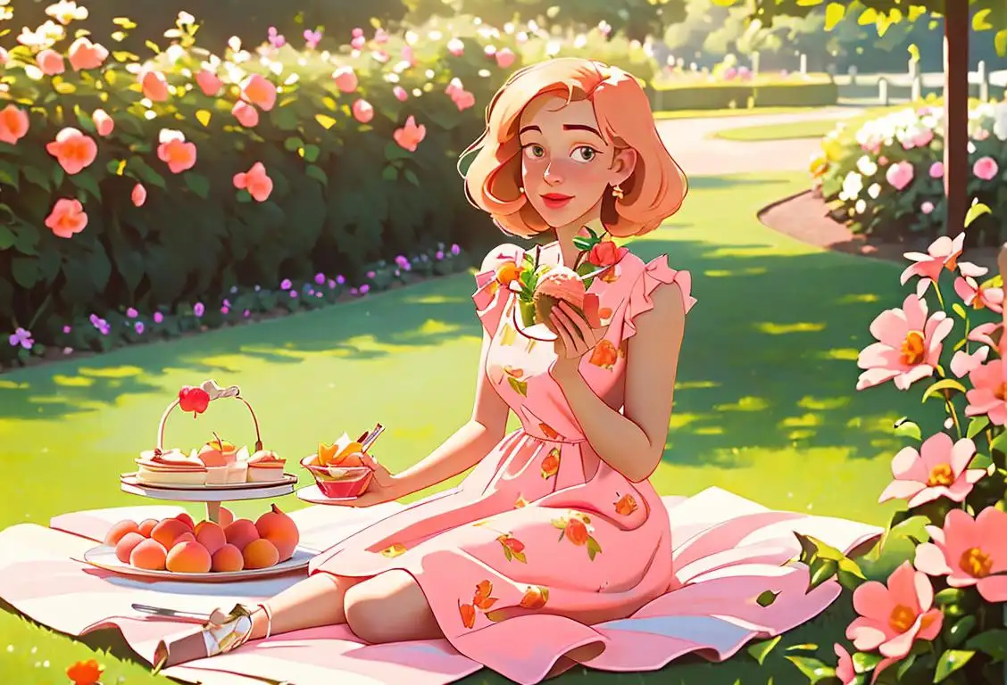 Young woman enjoying a peach melba sundae, wearing a sundress, garden picnic setting, surrounded by blooming flowers..