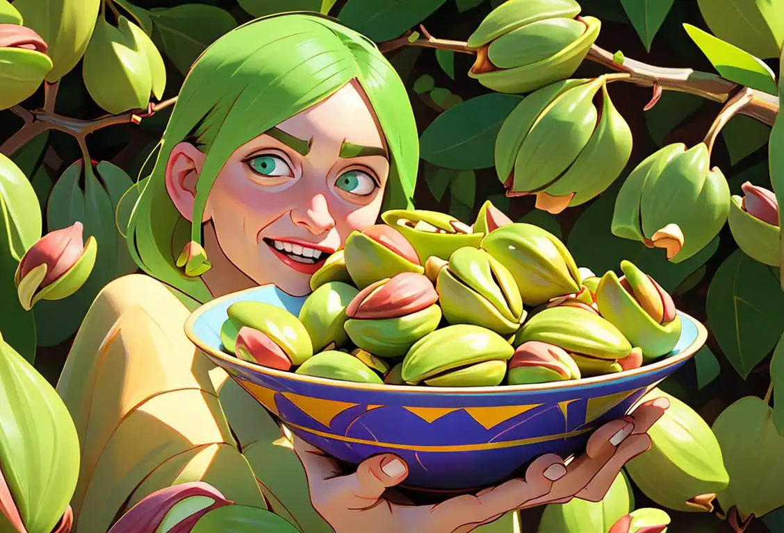 A joyful person holding a bowl overflowing with pistachios, wearing a colorful outfit, surrounded by nature's bounty..