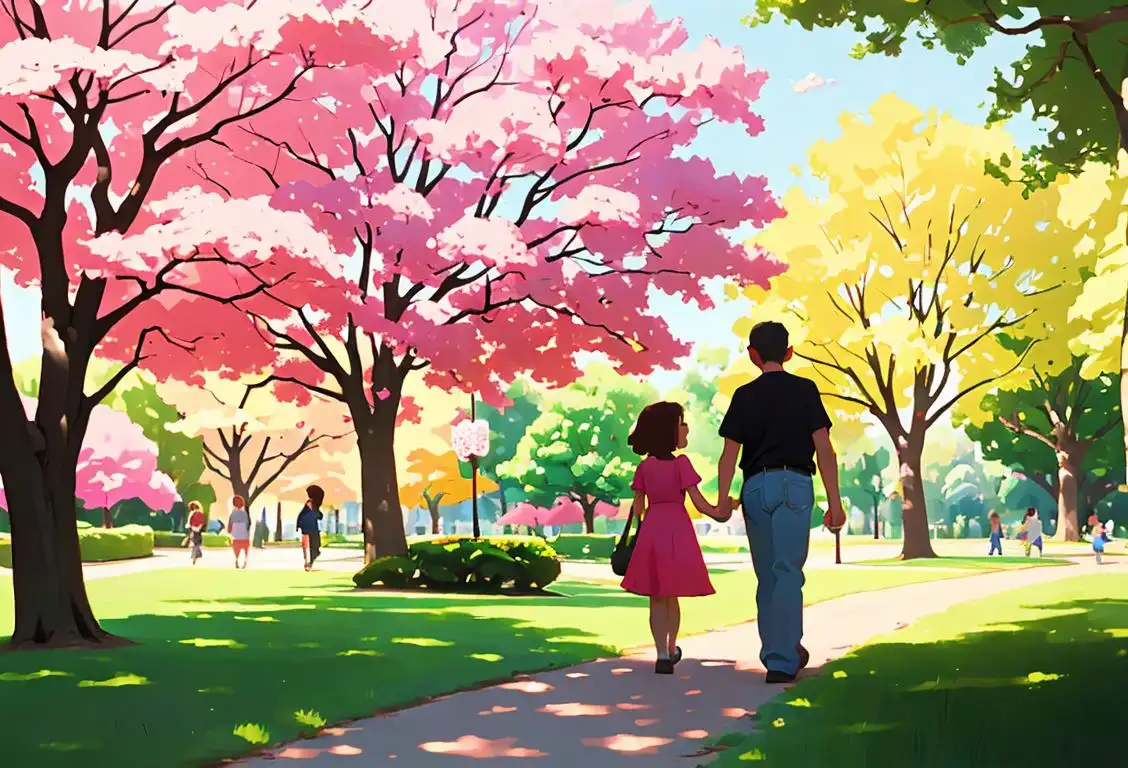 Parent and child holding hands, walking through a colorful park, enjoying a picnic under a shady tree..