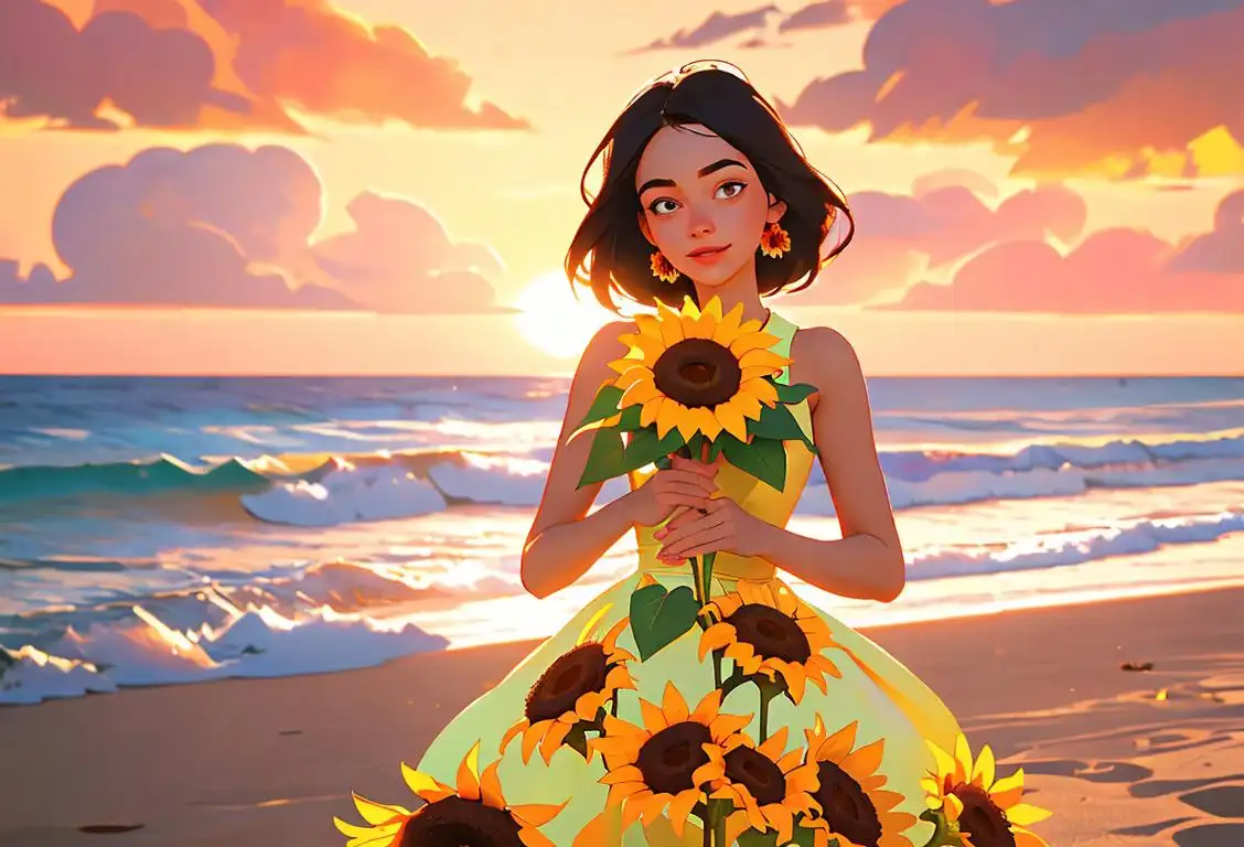 Young woman in a colorful summer dress, holding a bouquet of sunflowers, with a beautiful beach sunset in the background..