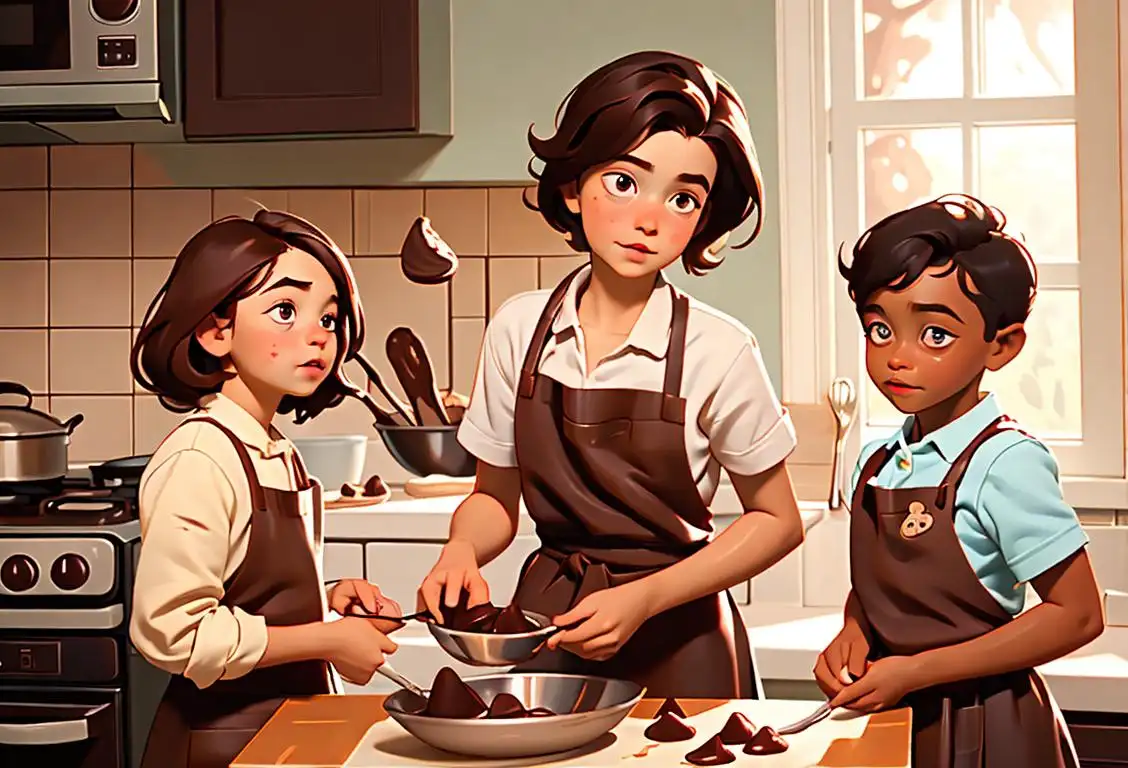 A group of diverse children, dressed in colorful aprons, baking chocolate cookies in a warm kitchen.