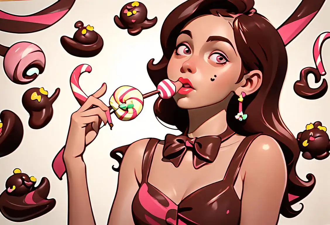 Succint image prompt for National Chocolate Raisin Day: Young woman enjoying chocolate-covered raisins while exploring a whimsical candy-themed wonderland, wearing a sundress, vintage fashion, surrounded by brightly colored lollipops and candy canes..