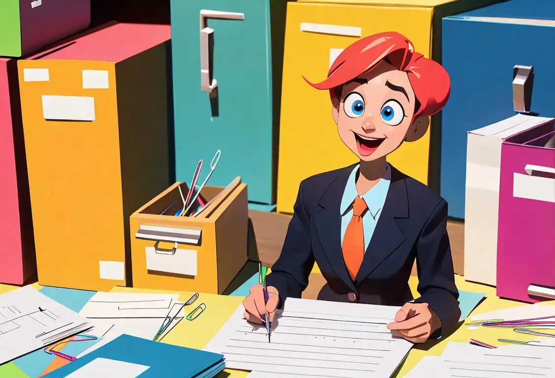 A cheerful person, wearing a business suit, surrounded by colorful paperclips, in an organized office setting..