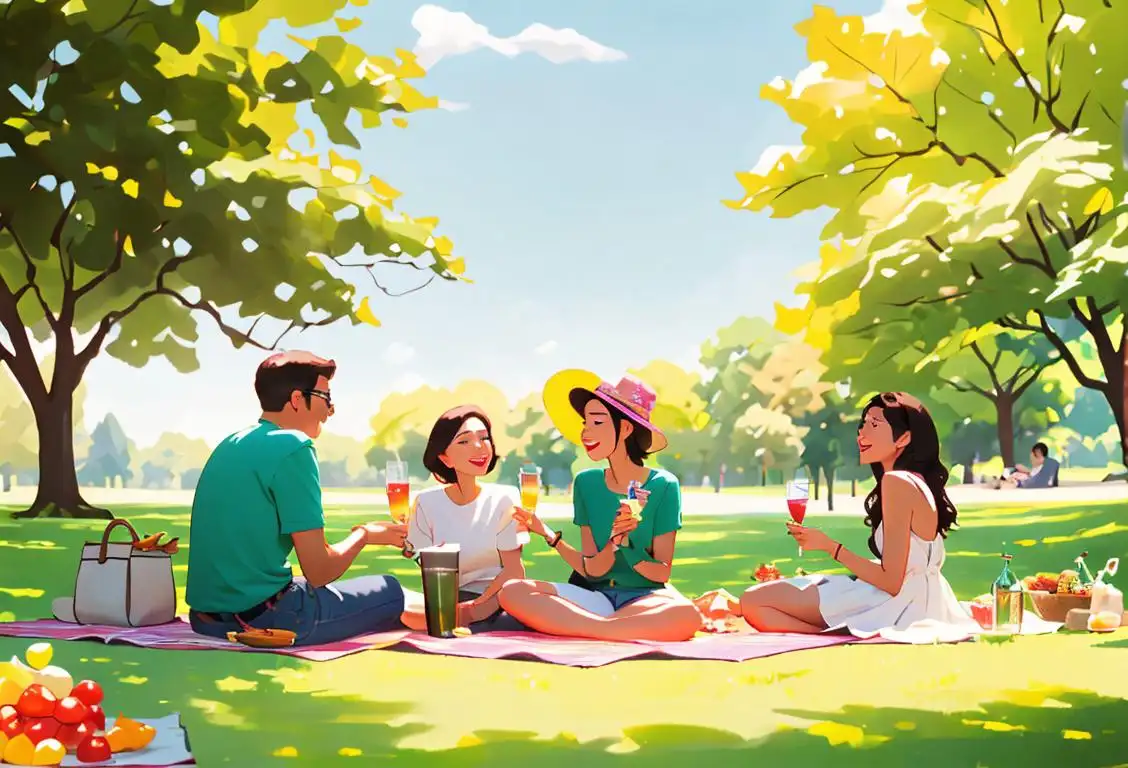 A group of diverse people enjoying refreshing beverages in a lush park, wearing casual summer outfits, picnic setting..