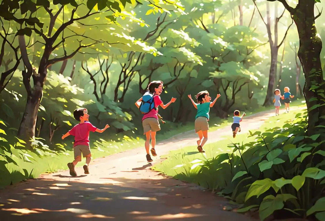 Family hiking through a lush forest, kids laughing, parents taking pictures, enjoying the beauty of nature..