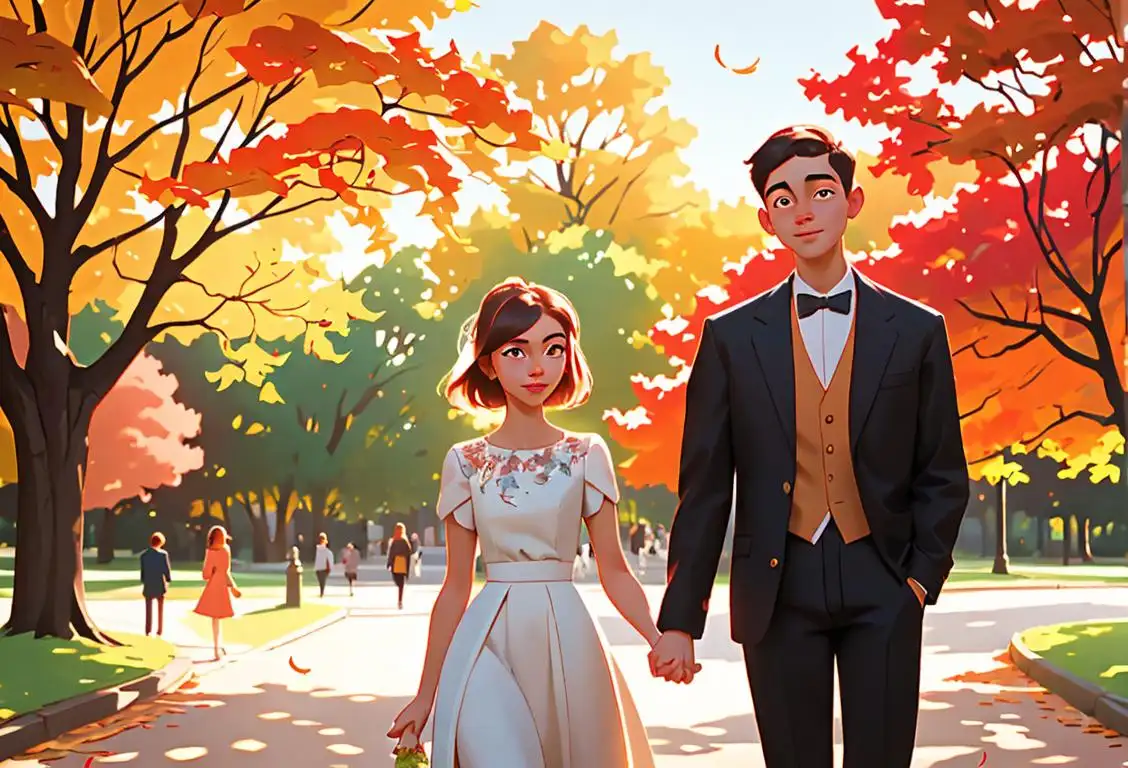Young couple holding hands, walking together in a beautiful park, wearing stylish outfits with a touch of vintage flair, surrounded by vibrant autumn leaves..