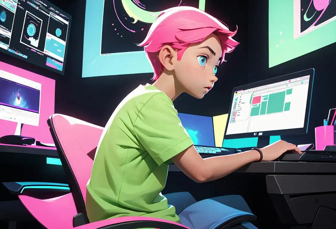 A young person sitting at a computer, wearing a coding t-shirt, surrounded by a vibrant and futuristic digital landscape..