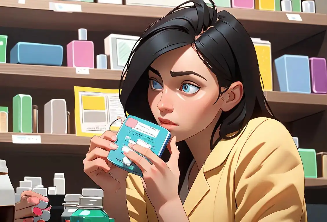 Person holding pill bottle, reading prescription label, pharmacy counter in the background..