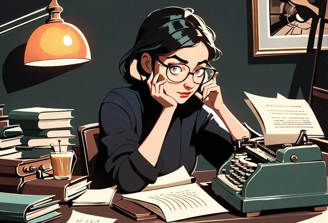 A young writer, sitting at a typewriter in a cozy cafe, wearing glasses, vintage fashion and surrounded by stacks of books..