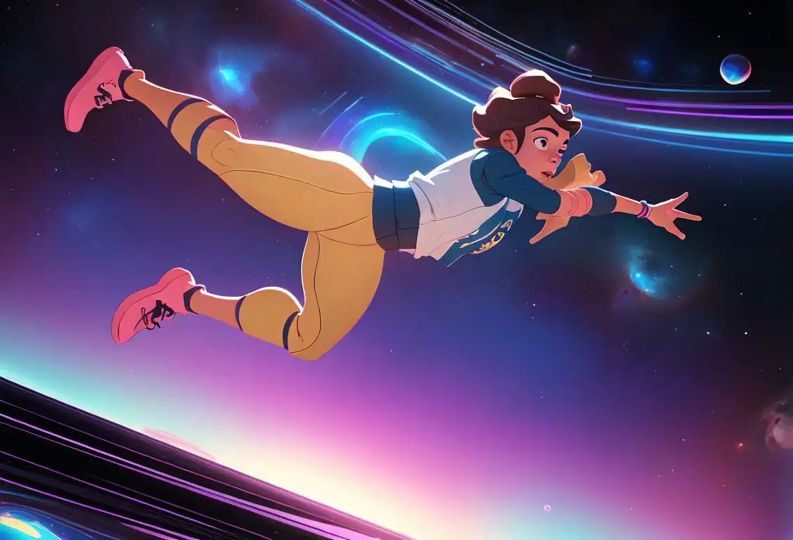Young adult jumping over a cosmic hurdle, wearing athletic clothing, futuristic space background..