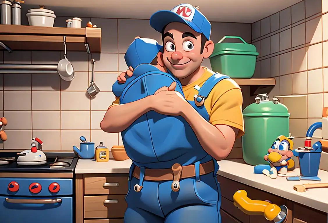 A friendly, smiling plumber wearing overalls and a toolbelt, surrounded by plumbing supplies, in a bright and clean kitchen..
