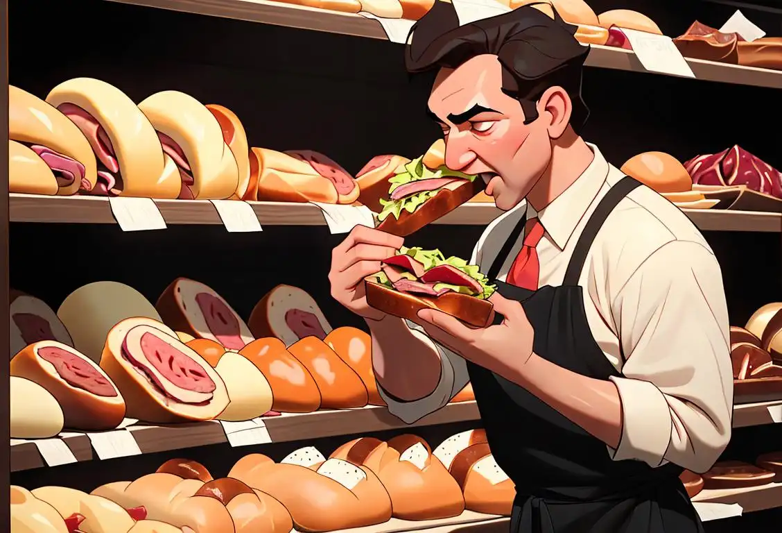 A hungry customer biting into a sizzling hot pastrami sandwich, dressed in a classic deli-style apron, surrounded by shelves stocked with Jewish delicacies..