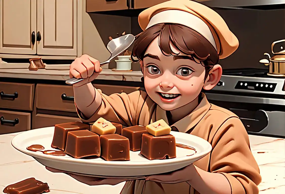 A joyful child wearing a chef hat, holding a tray of delicious penuche fudge, surrounded by a vintage kitchen setting..
