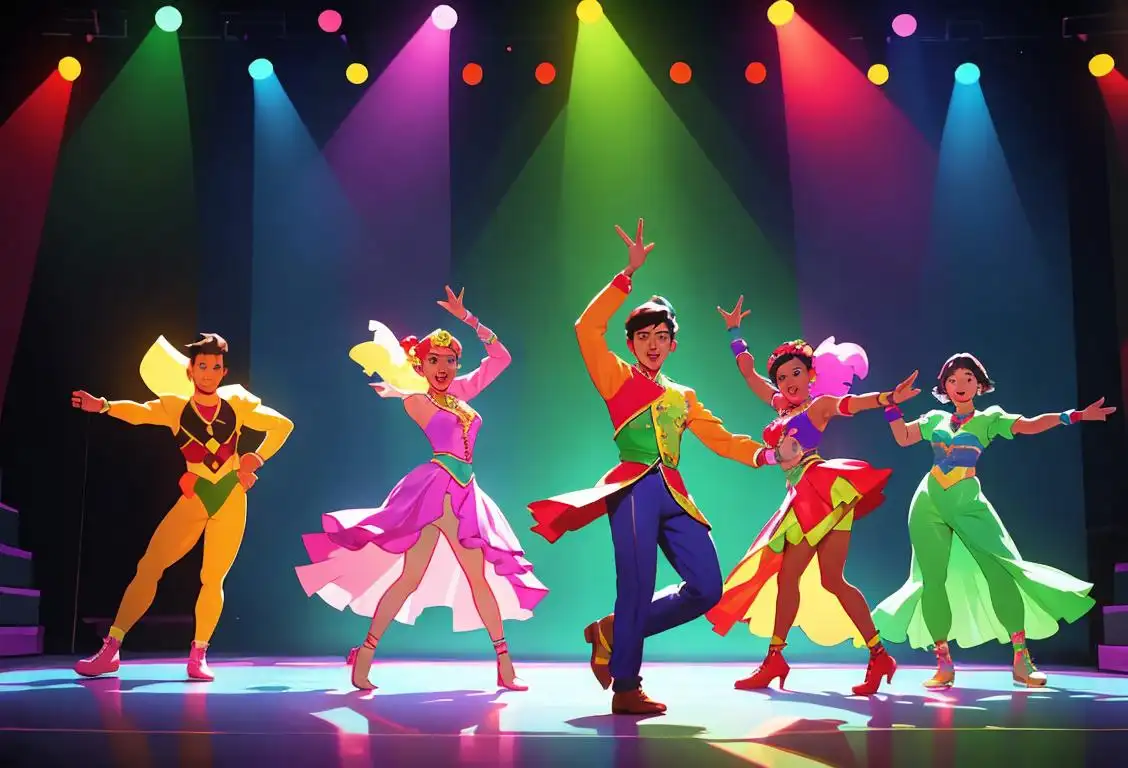 A diverse group of performers on a brightly lit stage, dressed in colorful costumes, with energetic dance moves and a captivated audience..