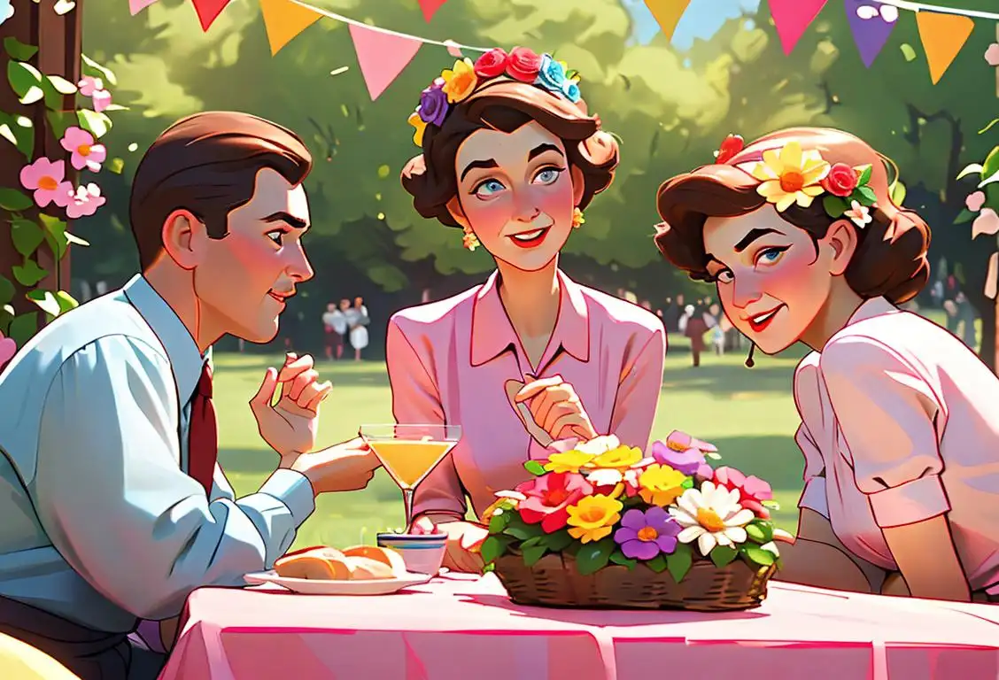 Happy family gathering wearing flower crowns, 1950s style picnic, surrounded by colorful May Day decorations..
