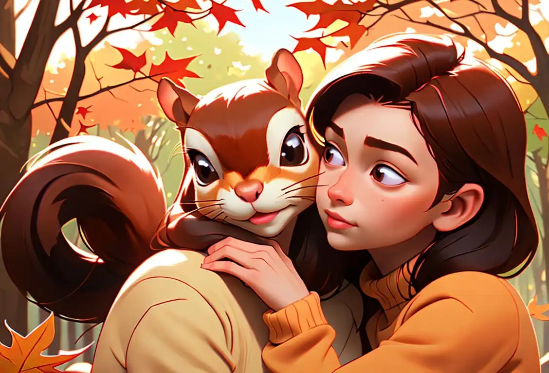 Two people embracing a cute squirrel, surrounded by a serene forest backdrop, wearing cozy sweaters and surrounded by autumn leaves..