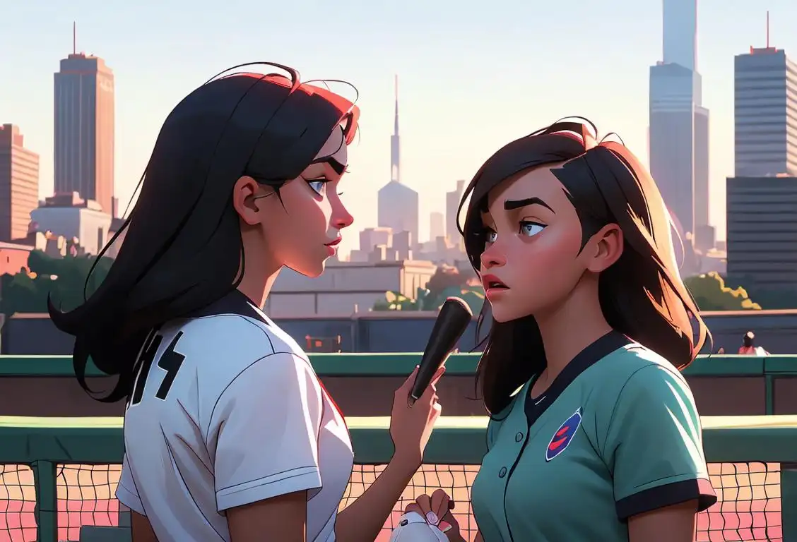 Young adults engaged in animated conversation, wearing trendy attire, city skyline in the background, highlighting the essence of National Short Pitch Matches Day..