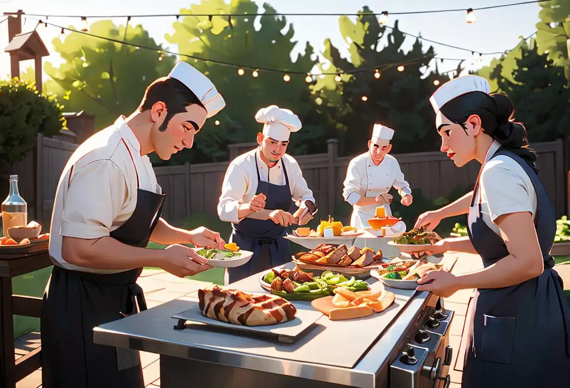 Family gathering around a grill, wearing aprons and chef hats, in a backyard with a picturesque summer scenery..