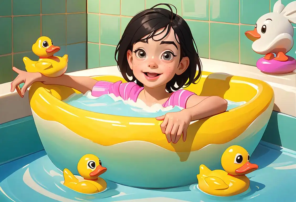 A cheerful child playing in a bathtub with multiple rubber duckies, wearing a striped bathing suit, surrounded by colorful bath toys..