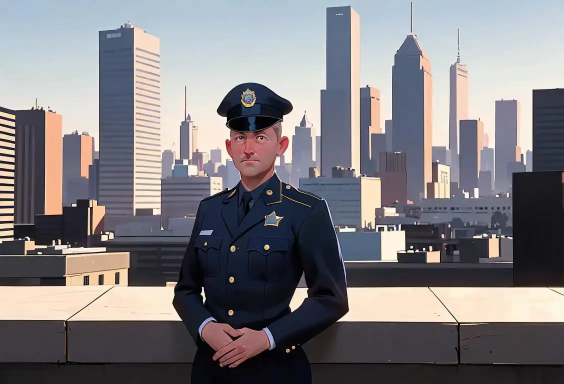 A police officer in a crisp uniform, standing confidently in front of a city skyline, with people showing gratitude and support in the background.