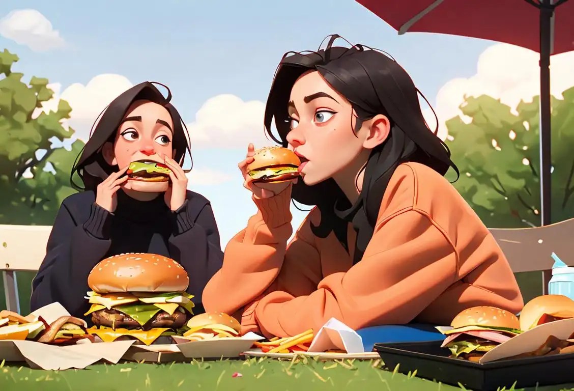 Young woman eating a burger, wearing a cozy oversized sweater, picnic setting with friends having a fun and joyful time..