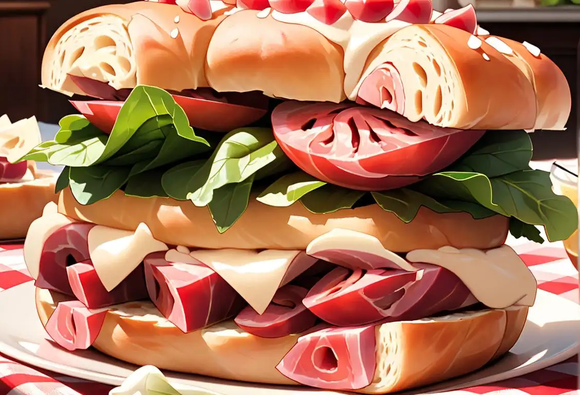 Close-up image of a mouthwatering ham sandwich, with juicy slices of ham, crispy lettuce, and fluffy bread, set against a picnic backdrop with a red checkered tablecloth..