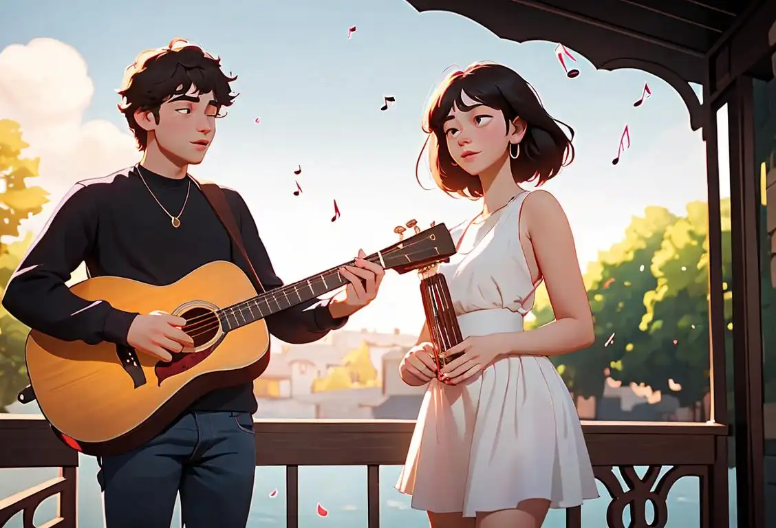 A young couple embracing, both wearing casual clothes and holding musical instruments, surrounded by a picturesque beach scenery..