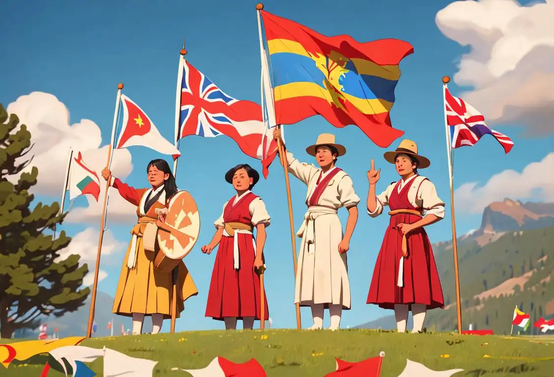A diverse group of people proudly waving their national flags, wearing traditional clothing, in a scenic outdoor setting..