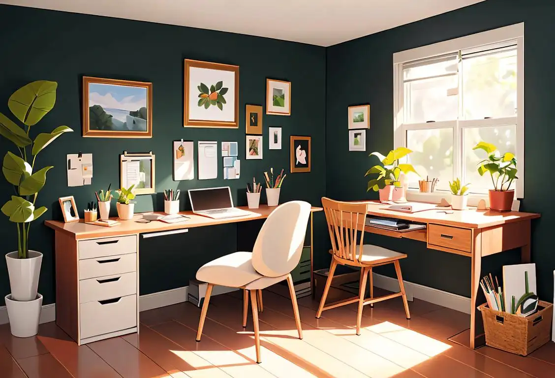 A tidy home office with a cozy desk setup, featuring a potted plant, motivational wall art, and organized stationery..