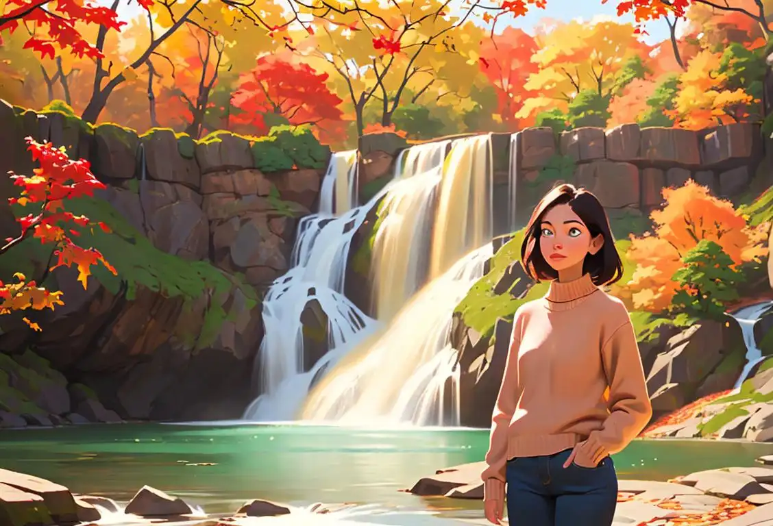 Young woman admiring a majestic waterfall in a National Park, wearing a cozy sweater, surrounded by vibrant fall foliage..