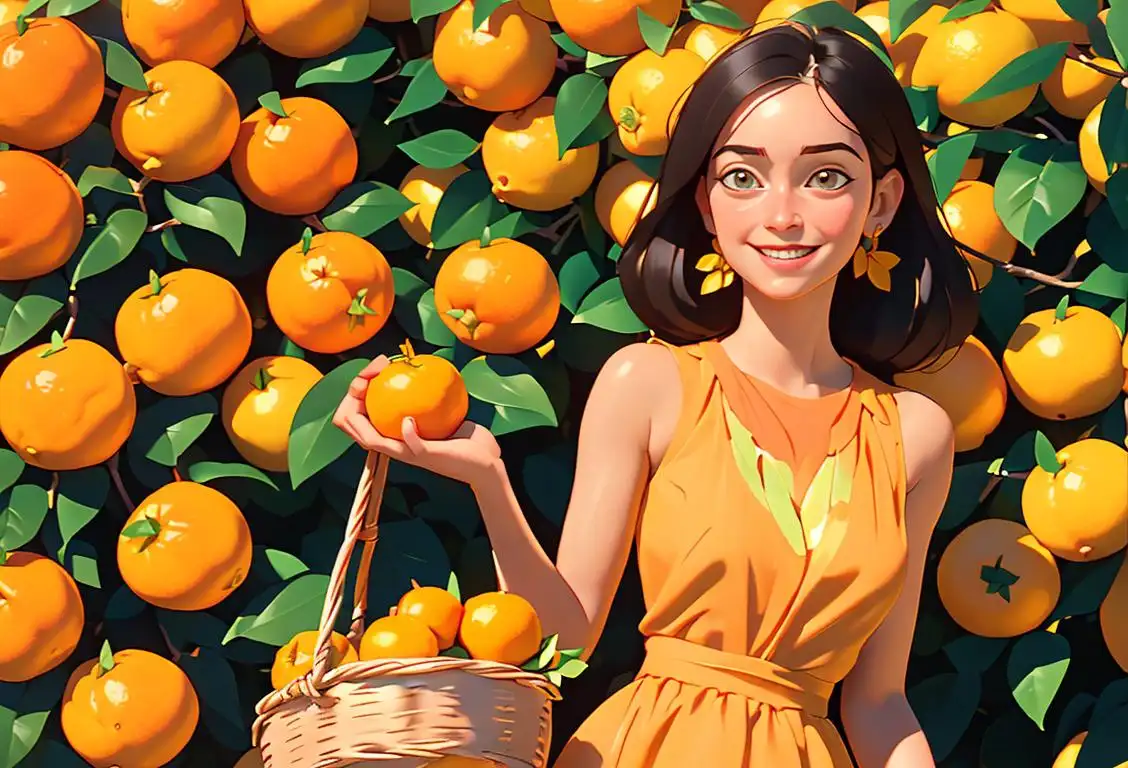A smiling young woman wearing a vibrant orange dress, holding a basket of lemons in a sunny citrus grove..