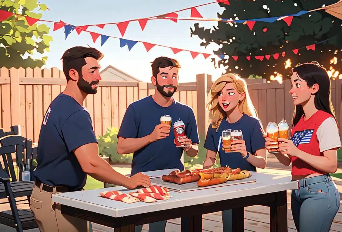 Young adults toasting with Busch Light cans, wearing American flag apparel, backyard barbecue setting..