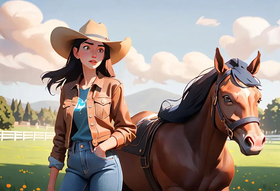 Young woman with long hair, wearing a cowboy hat and denim jacket, leading a beautiful horse through a picturesque countryside..
