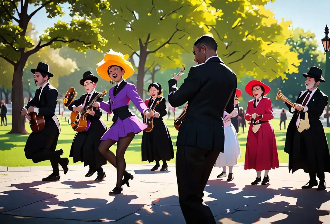 A group of diverse individuals wearing colorful clothing, playing instruments and dancing in a park to celebrate National Funeral Day..