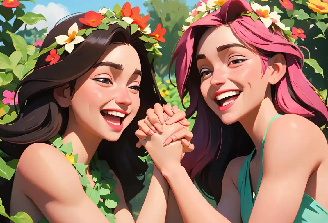 Two friends holding hands and laughing, one wearing a flower crown and the other wearing a friendship bracelet, vibrant garden scene..