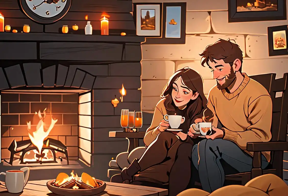 Happy couple sitting by a fireplace, toasting mugs of mulled cider, cozy winter sweaters in a rustic cabin setting..