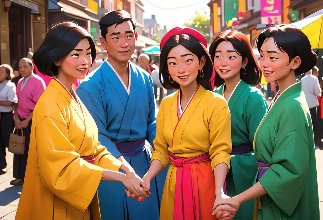 A diverse group of people from different cultures, smiling and holding hands, wearing colorful traditional clothing, in a vibrant city setting..