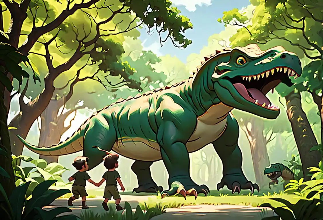 Children exploring a dinosaur fossil, wearing explorer outfits, in a prehistoric jungle setting with lush green trees..