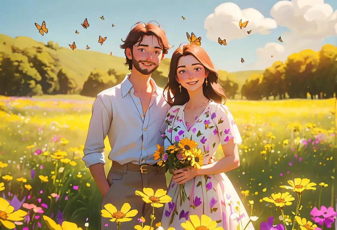 A smiling couple in a wildflower field, dressed in flowy bohemian outfits, surrounded by butterflies and bees..
