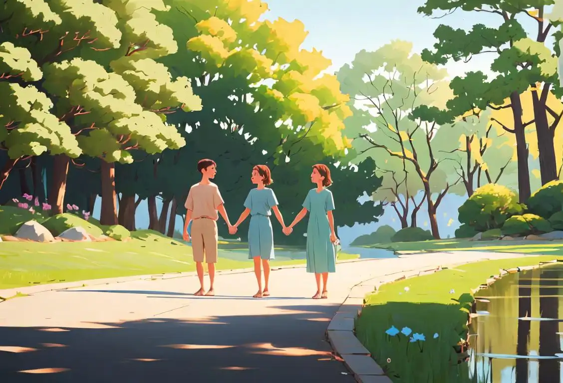 A group of diverse individuals holding hands in a serene nature setting, dressed in comfortable and casual clothing, with a calming color palette..