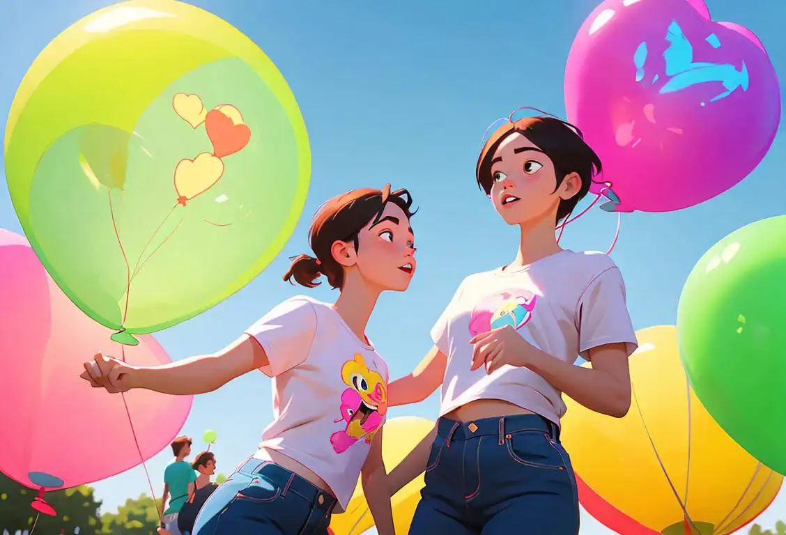 Two individuals with glowing friendship, wearing matching t-shirts, playing in a park with colorful balloons floating in the background..