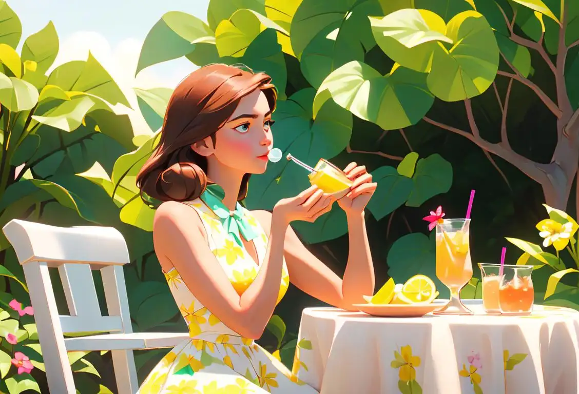 Young woman enjoying a refreshing beverage outdoors, surrounded by vibrant nature, wearing a floral sundress and holding a glass of lemonade or iced tea.