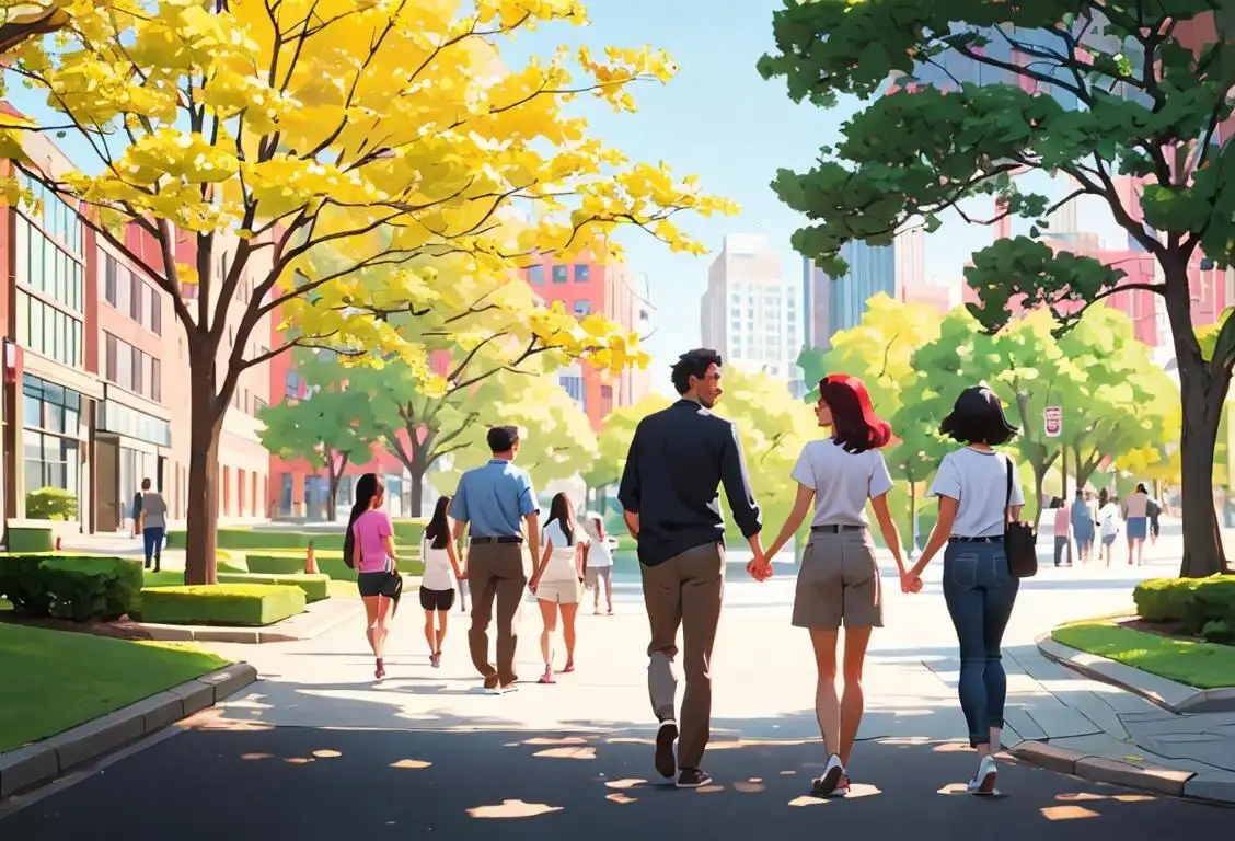 Group of diverse people in casual attire walking away from office buildings, enjoying a day off, with a scenic park setting in the background..
