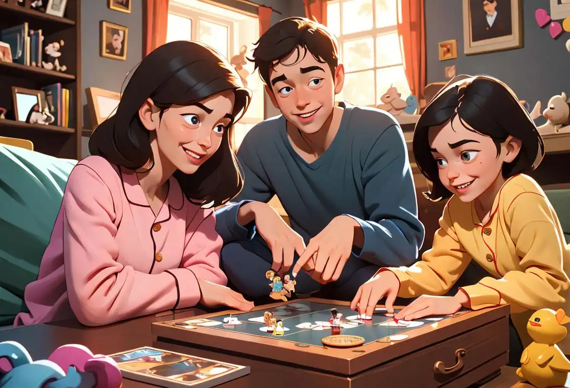 A smiling family playing board games in a cozy living room, wearing matching pajamas and surrounded by books and toys..