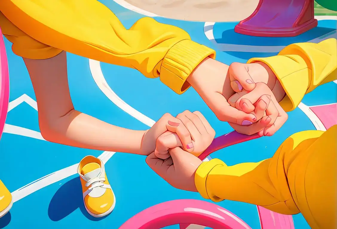 Young children holding hands, symbolizing unity and friendship, wearing colorful clothes, playground setting..