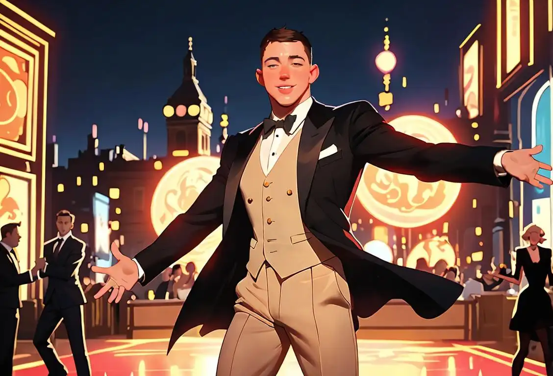 Charming man in a suit, flashing a dazzling smile, against a vibrant cityscape background. Expand by including references to stylish attire, dance moves, and a fun-filled atmosphere..